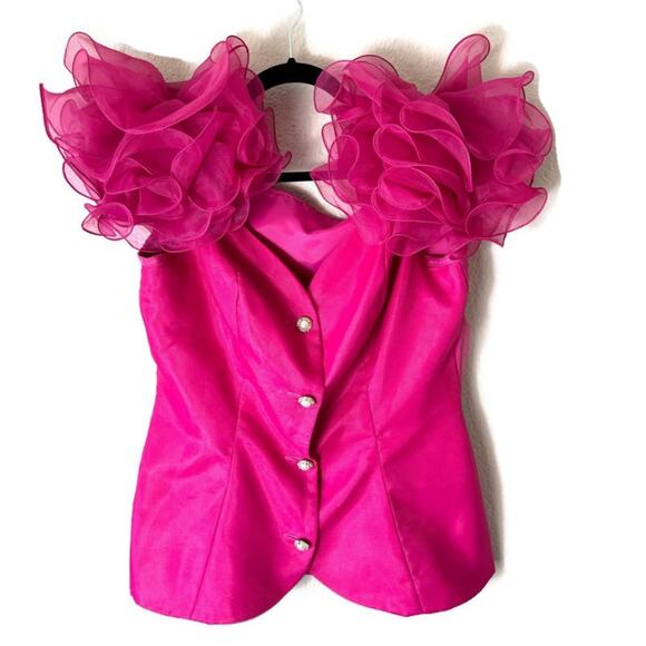 Vintage 80s Hot Pink Barbie Ruffled Sleeve 2 Piece Skirt Set Size Medium/8 - Picture 2 of 10